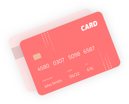 Pink credit card in front with the word CARD, layered over a pale second card, both angled.