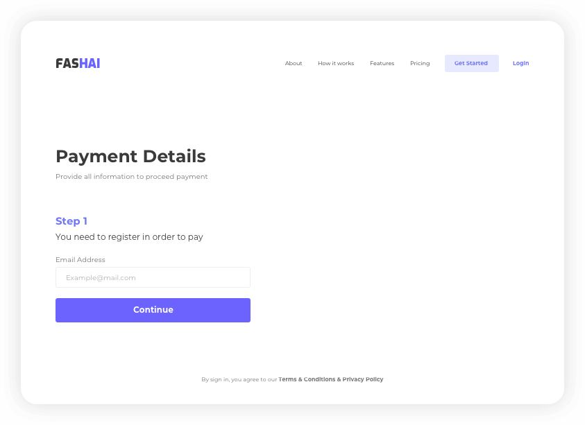 Rounded white signup screen with a 'Payment Details' form: top navigation, logo on left, heading 'Payment Details' and subtitle, 'Step 1' in blue, an Email Address field with placeholder example@mail.com, and a purple Continue button; small footer text about terms.